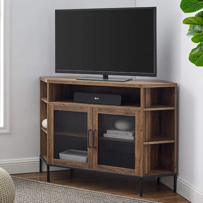 Modern Metal Mesh and Wood Corner Universal TV Stand with Open Shelves Cabinet Doors Storage 48 Inch, Rustic Oak