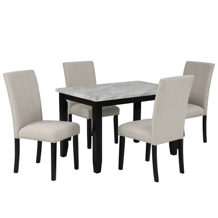 5-Piece Dining Table Set, Marble Veneer Top Kitchen Table Set with 4 Thicken Cushion Dining Chairs for Home Living Room