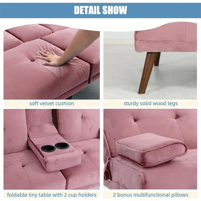 3 in 1 Cute Convertible Sofa Bed 60" Small Loveseat Modern Futon Recliner Sleeper W/2 Cup Holder Pink Freight Free Couch Sofas