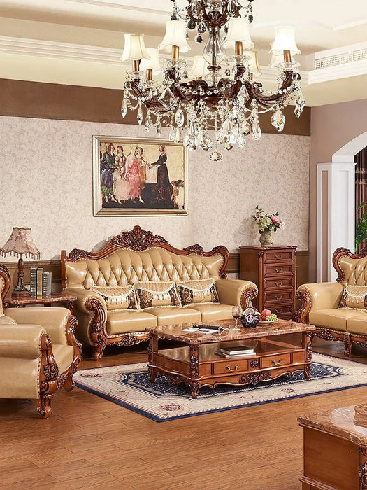 Leather sofa solid wood suite villa first floor leather living room luxury retro sofa