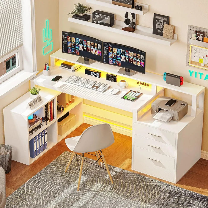 L Shaped Desk with Power Outlets LED Lights File Cabinet,65"Computer Desk Corner Desk with 3 Drawers and 4 Storage Shelves,White