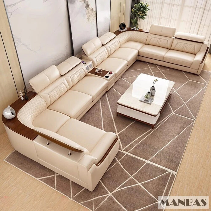 Premium Italian Leather Couch Set with Cup Holder, USB, Adjustable Headrests & Bluetooth Speaker - MINGDIBAO Living Room Sofas