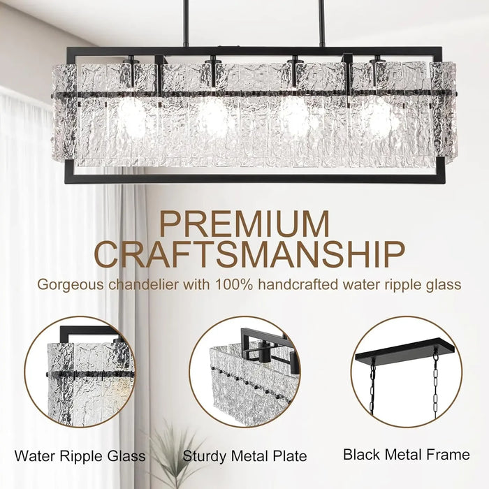 Modern Large Rectangle Chandeliers for Dining Room, 4 Lights Black Crystal Kitchen Island Lighting with Water Ripple Glass,