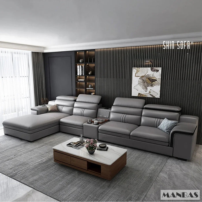 Leather Sectional Sofa Set with Cup Holder, USB, Adjustable Headrests & Bluetooth Speaker Living Room Couch with Stool