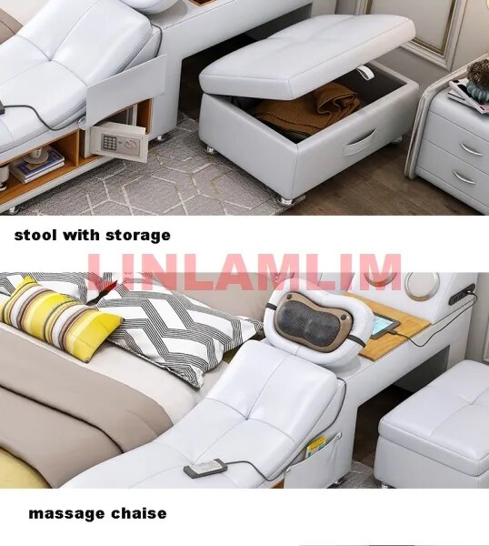 Genuine Leather Tech Smart Bed Multifunctional Beds Ultimate Massage Camas Upholstered Bed with Bluetooth,Speaker,Massager,USB C