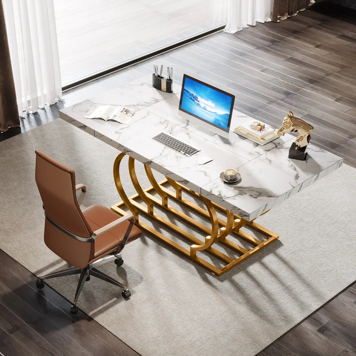 Tribesigns 63" Modern Office Desk, White and Gold Executive Desk, Large Computer Desk Home Office Desk with Gold Metal Frame
