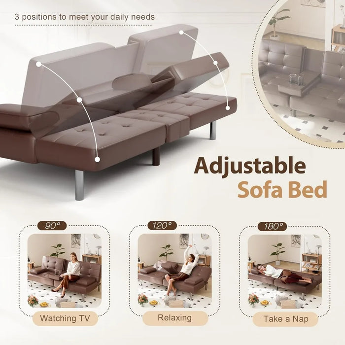 Metal Legs Sofa Cup Holders Futon Sofa Bed Sleeper Couch for Living Room Faux Leather Upholstered Loveseat W/Removable Armrests