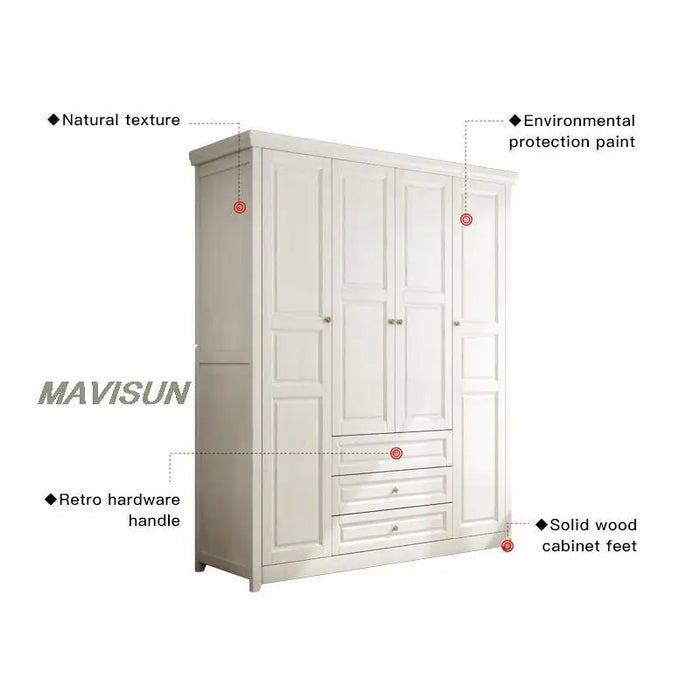 American Solid Wood Simple Bedroom Cupboard Cloakroom White Wardrobe Four-Door Large Closet Storage Cabinet Modular Shelves