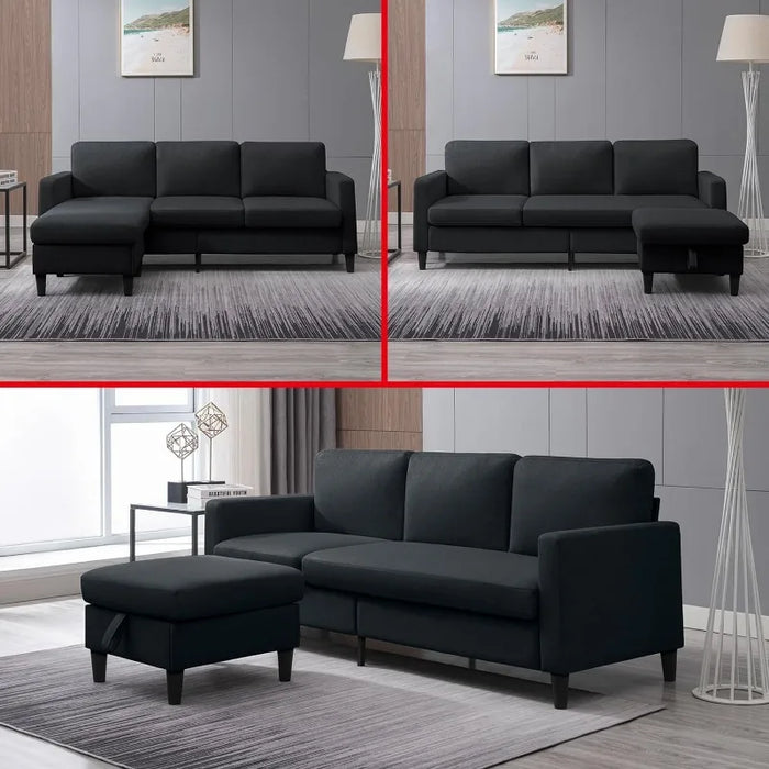 Sofa Couch, Convertible Sleeper Sofa with Storage Ottoman, 3 Seat Comfy Couch with Chaise Lounge, Modern L Shape Linen Couch