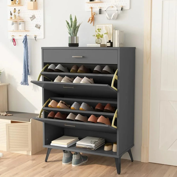 Shoe cabinet wooden freestanding shoe locker, modern slim narrow shoe storage rack, sliding drawer for entrance, grey