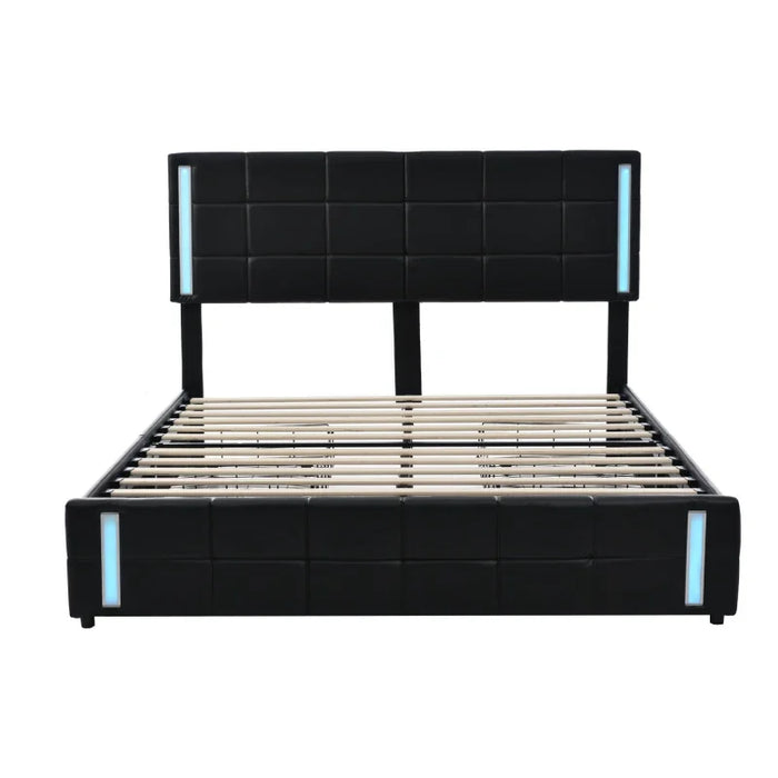 Platform Bed with LED Lights and USB Charging, Storage Bed with 4 Drawers, Black