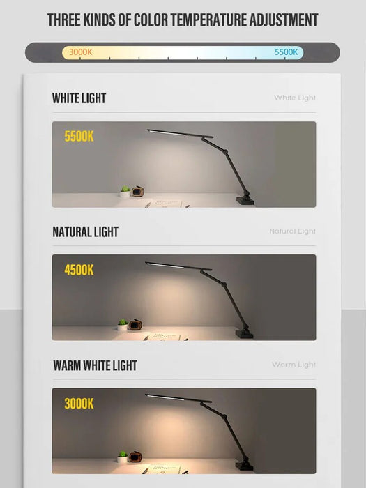 LED Swing Arm Desk Lamp with Clip 3 Kind of Illumination Dimmable USB Rechargeable Eye Care for Office Workstation Reading Study