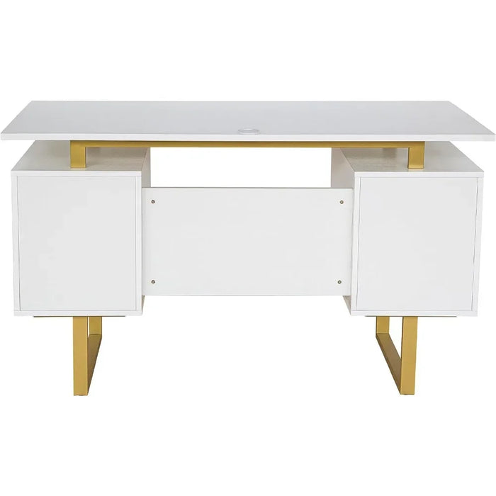 Storage Drawers and Cabinet 51.25” W-Modern Office Large Floating Desktop Surface Desk White/Gold Freight Free Computer Table