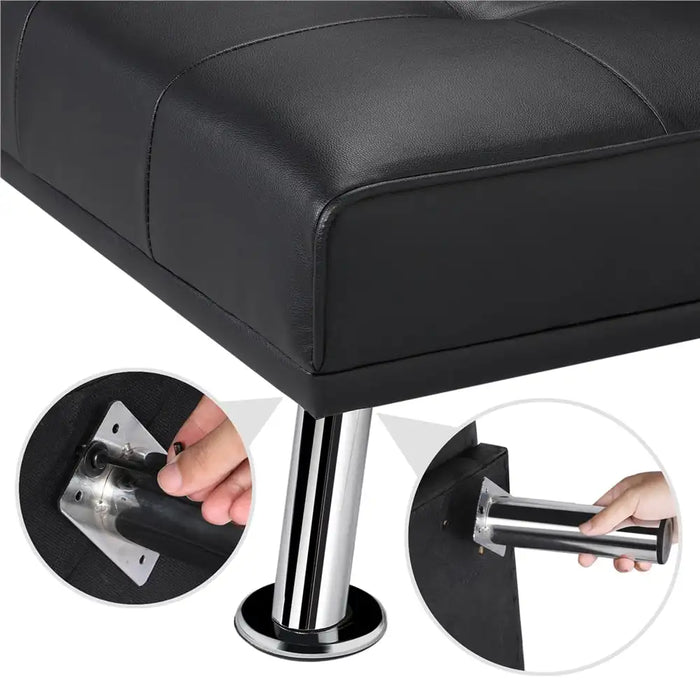 Easyfashion Modern Faux Leather Futon with Cupholders and Pillows, Black