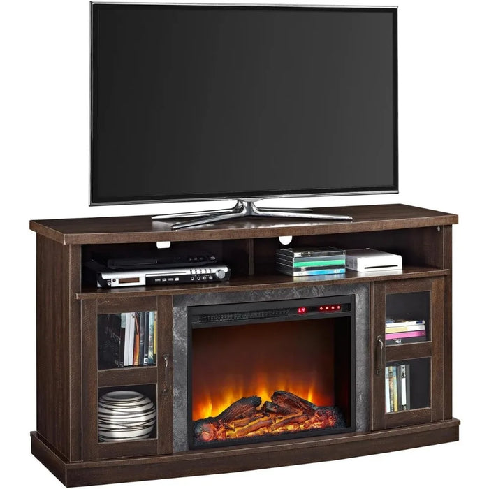 TV cabinet, fireplace console, with glass door, suitable for espresso under 60 inches, TV bracket, TV cabinet
