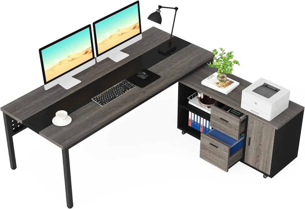 70.8" Executive Desk with Lateral File Cabinet, Modern Thickened Wooden Workstation L-Shaped Computer Desk Large