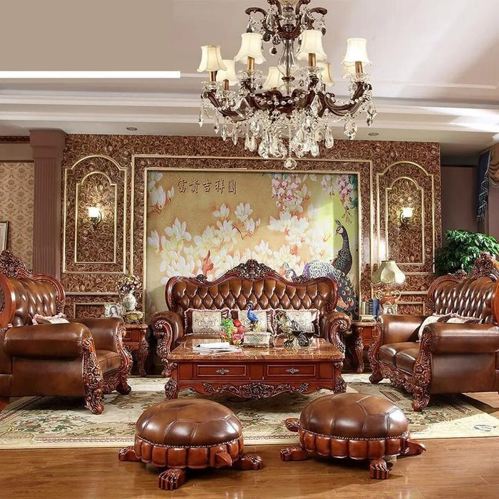 ProCARE European-style genuine leather sofa set sofa wood carving living room furniture