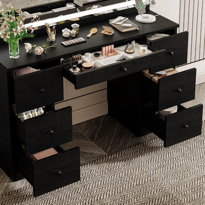 Makeup table with LED illuminated mirror and power socket,7-drawer makeup table with stool,bedroom use, black,dressing table set