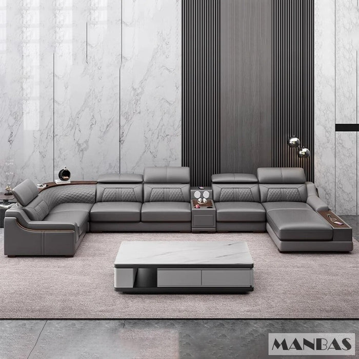 Premium Italian Leather Couch Set with Cup Holder, USB, Adjustable Headrests & Bluetooth Speaker - MINGDIBAO Living Room Sofas