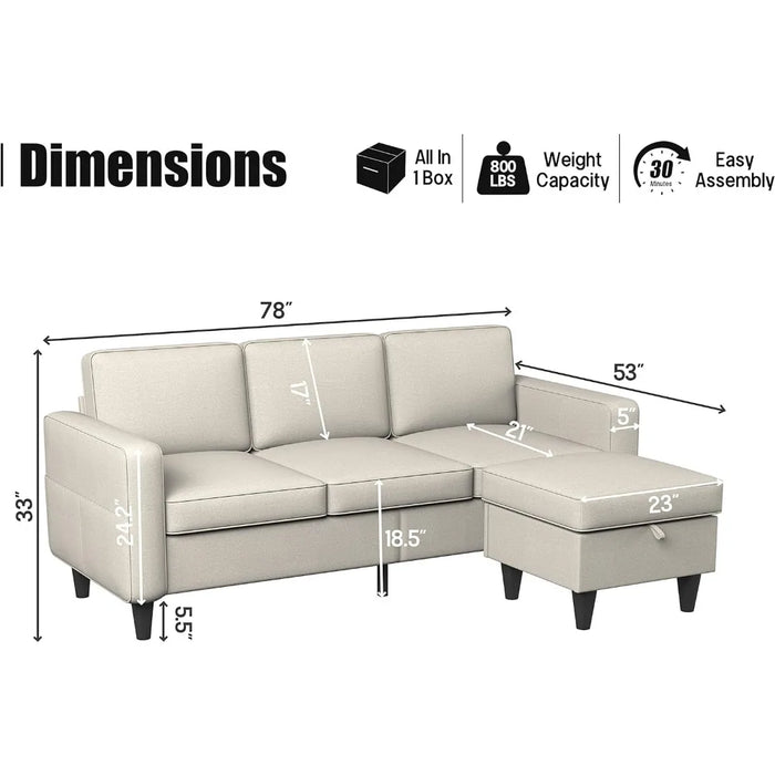 Beige Convertible L Shaped Modular Modern Linen 3 Seater Sofa Sofa Furniture Set with Storage Footstool