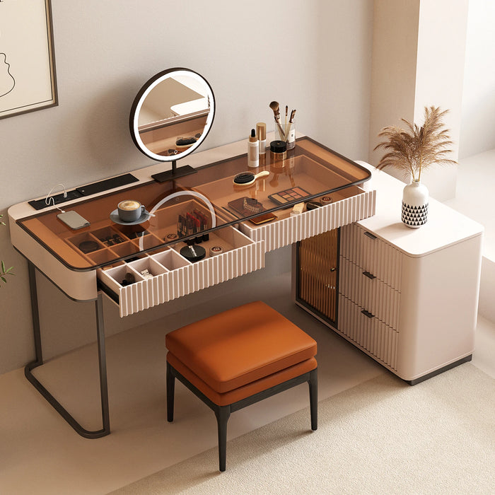 Italian Minimalist Computer Desk and Dressing Table Combo with Mirror, Luxurious and Expandable with Cabinets, Corner Bookshelf