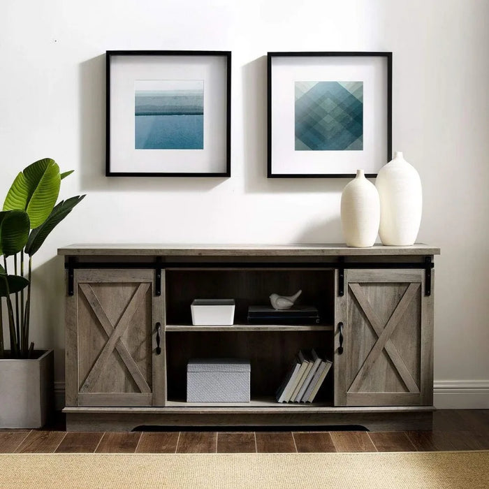 Modern farmhouse sliding barn door TV bracket, suitable for TVs under 65 inches, gray living room storage cabinet TV cabinet