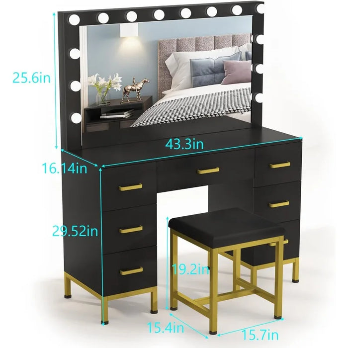 Vanity Set with Lighted Mirror, 44'' Makeup Dressing Table, Vanity Desk Black Vanity with Cushioned Stool & 7 Drawers