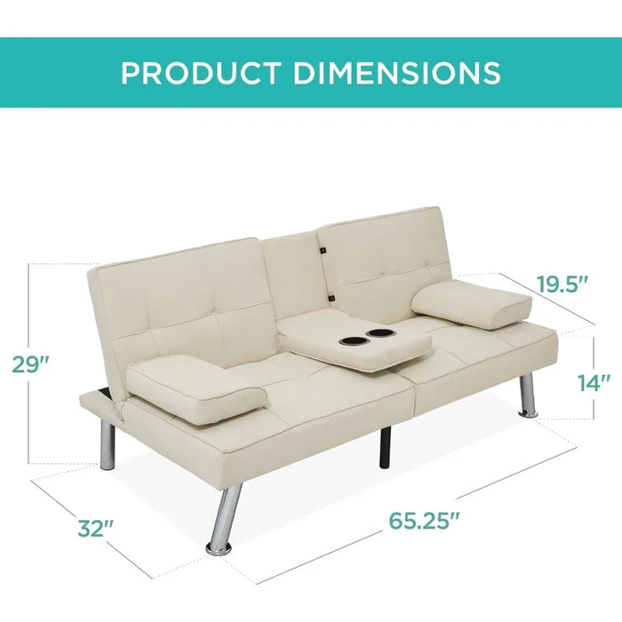 Best Choice Products Linen Modern Folding Futon, Reclining Sofa Bed for Apartment, Dorm w/Removable Armrests, 2 Cupholders