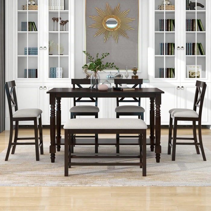 6-Piece Counter Height Dining Table Set Table with Shelf 4 Chairs and Bench for Dining Room (Espresso)