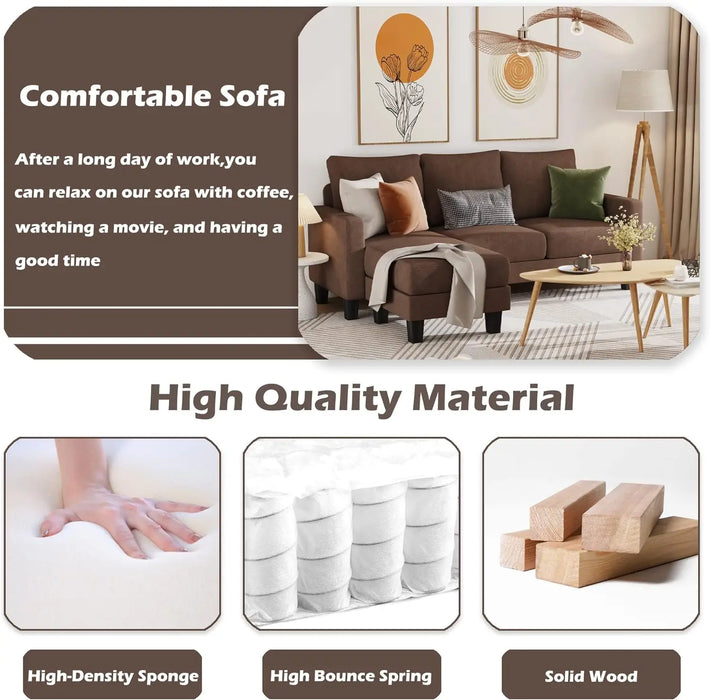 YESHOMY Convertible Sectional 3 L-Shaped Couch Soft Seat with Modern Linen Fabric, Small Space Sofas for Living Room Brown