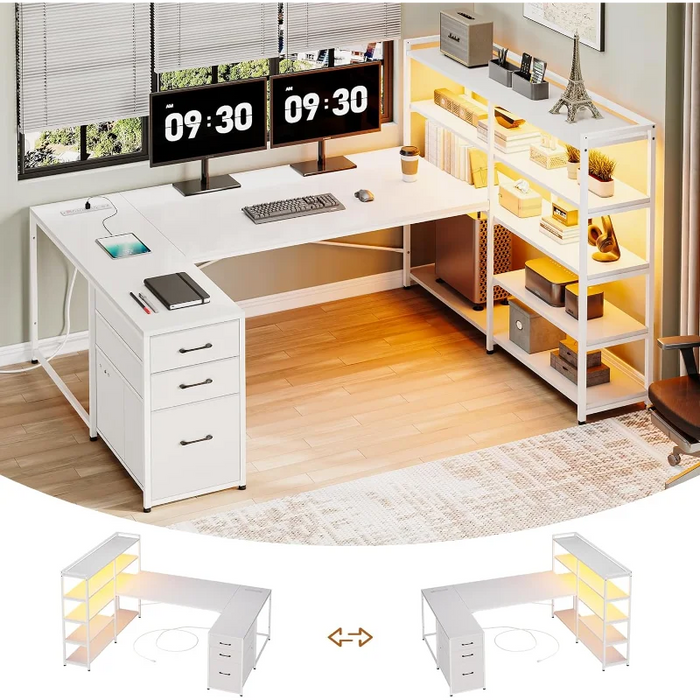 SEDETA L Shaped Computer Desk, Reversible U Shaped Home Office Desk with 3 Fabric Drawers and Storage Shelves, L Shaped Desk wit