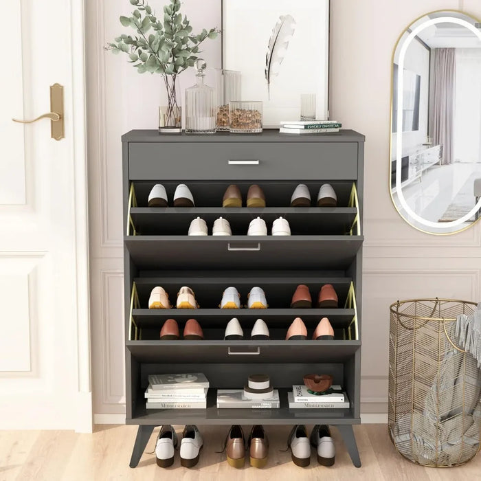 Shoe cabinet wooden freestanding shoe locker, modern slim narrow shoe storage rack, sliding drawer for entrance, grey
