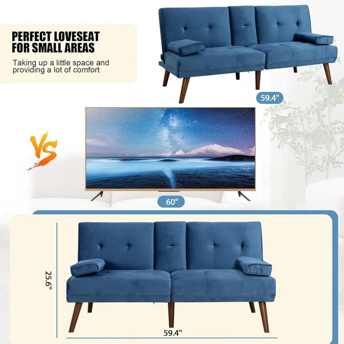 60" Small Loveseat, 3 in 1 Cute Convertible Sofa Bed, Modern Futon Recliner Sleeper w/2 Cup Holder, Blue