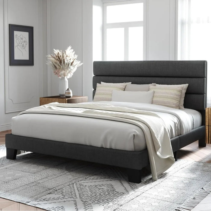 King Frame Platform Bed, Fabric upholstered headboard and wood slat support, Fully upholstered mattress base