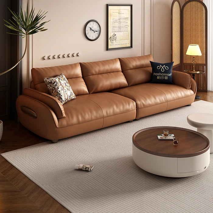 Leather sofa head cowhide French retro small living room straight high backrest cream sand hair