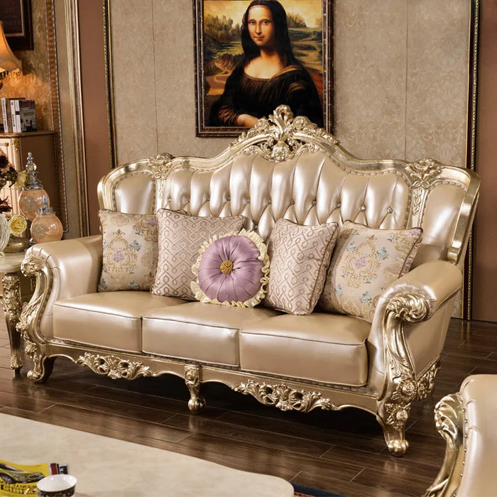 European Leather Sofa High-end  Art Combination Luxury Solid Wood Villa Gold Leaf Palace  Arge Apartment  Living Room Furniture