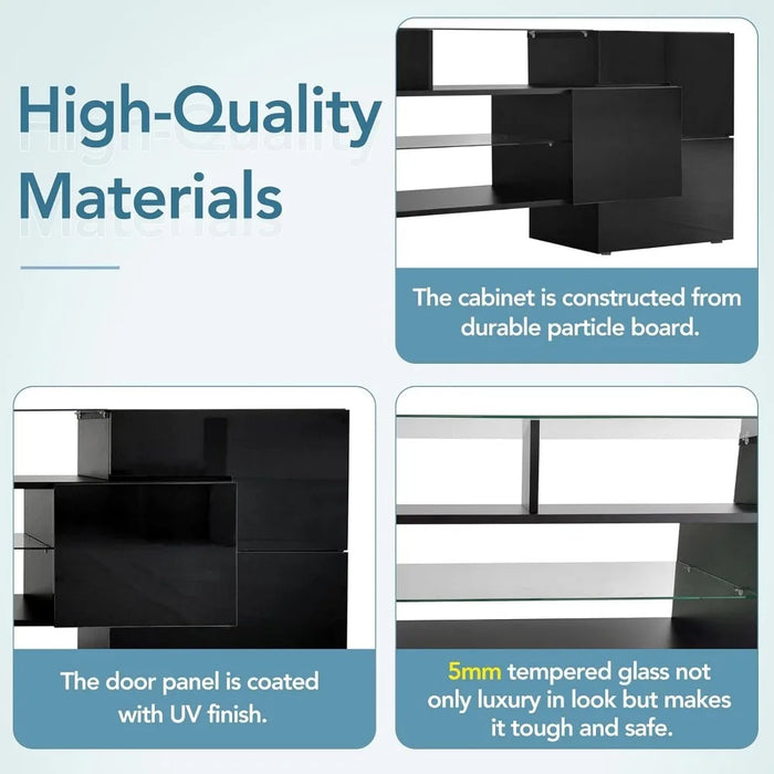 Appot AT-SD000016AAB Stand with 2 Illuminated Glass Shelves, High Gloss Entertainment Center for TVs Up to 80", Black