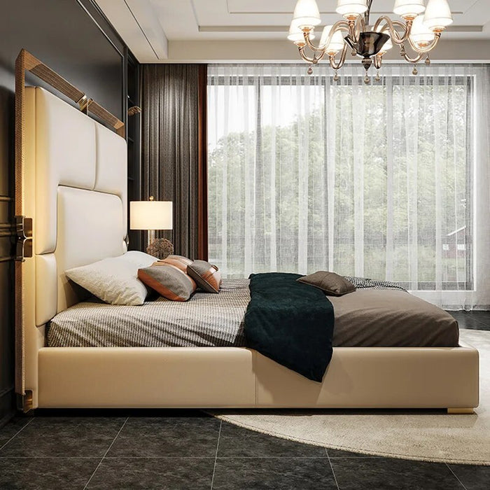 Light Luxury Leather Bed Master Bedroom Modern Simple 1.5M / 1.8M Double Bed High-End Villa Napa Head Layer Leather Wedding Bed