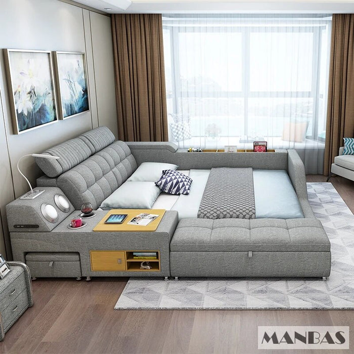 Linlamlim Tech Smart Bed 2 People - King Size Multifunctional Ultimate Bed Frame Queen with Genuine Leather,Bluetooth Speaker