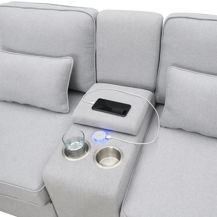 Upholstered Sofa with Console, 2 Cupholders and 2 USB Ports Wired or Wirelessly Charged, Linen Fabric Couches with 4 Pillows
