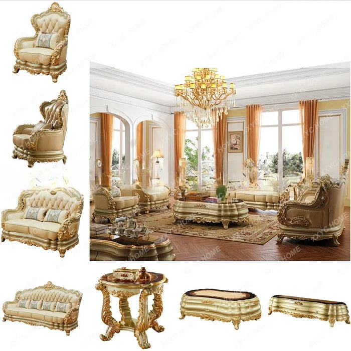 Furniture Leather Sofa Combination Living Room Double-Sided Solid Wood Carved Villa High-End Sofa