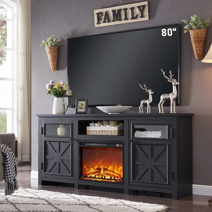 TV Stand for 75 inch TV, Farmhouse TV Stand with Storage for Living Room, Entertainment Center, TV Console, Rustic (Black)