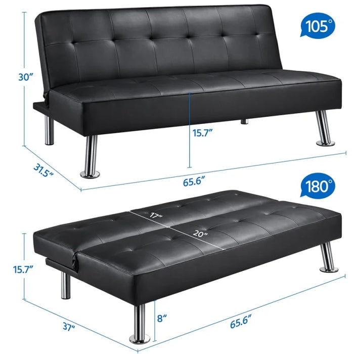 Easyfashion Convertible Faux Leather Futon Sofa Bed, Black