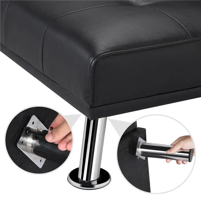 LuxuryGoods Modern Faux Leather Futon with Cupholders and Pillows, Black