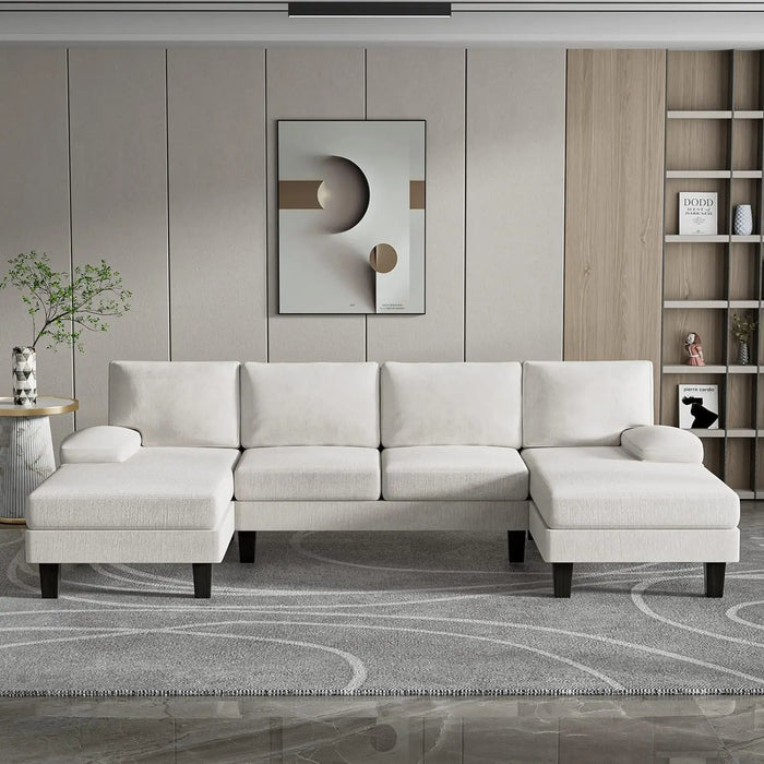 Living Room with Throw Pillows, U-Shaped Modern Minimalist Fabric Modular Sofa with Double Chaise & Memory Foam (White)