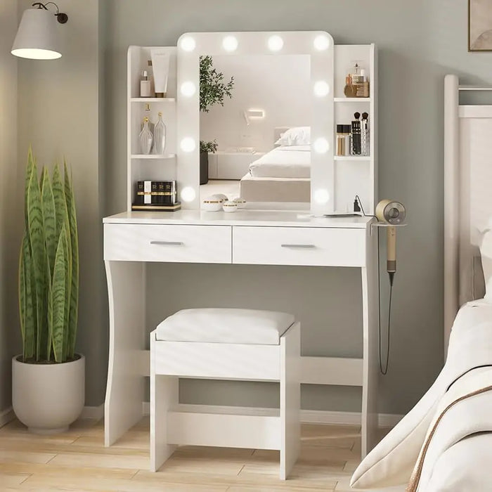 Vanity Desk with Lights,Makeup Vanity with Power Strip,Dressing Table Set with 2 Large Drawers,Vanity Mirror 3 Lighting Color Ad