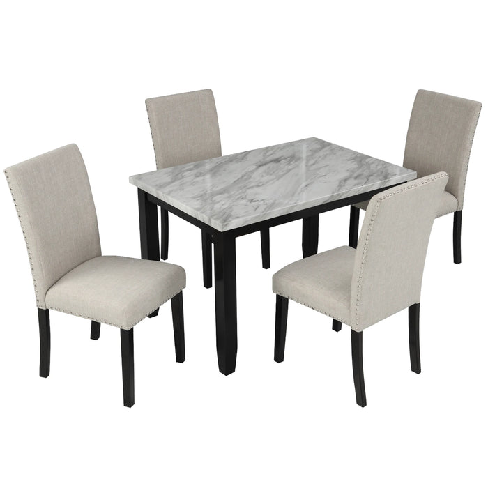 5-Piece Dining Table Set, Marble Veneer Top Kitchen Table Set with 4 Thicken Cushion Dining Chairs for Home Living Room