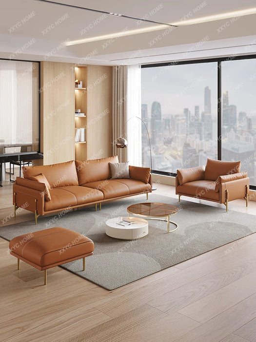 Leather Sofa Small Apartment Living Room Minimalist First Layer Cowhide Straight Seat Sofa Combination