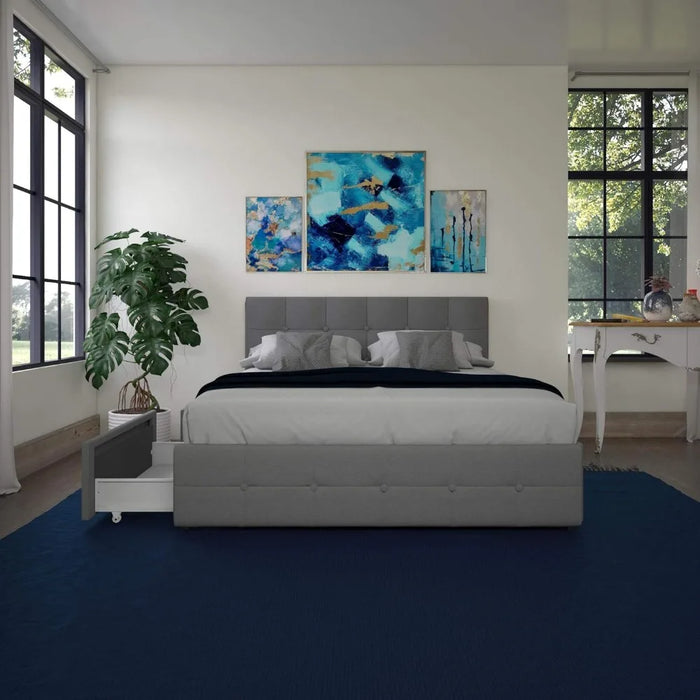 Upholstered Platform Bed With Underbed Storage Drawers and Button Tufted Headboard and Footboard King Size Bed Frame Queen Home