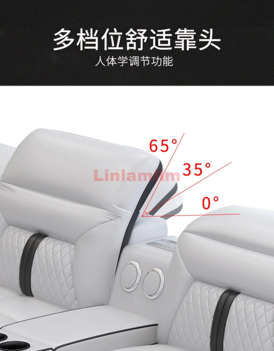Italian Genuine Leather Sectional Sofa with Bluetooth, Speaker, Functional Headrest and Massage Chaise Lounge Couch
